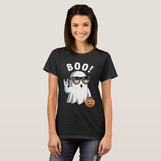 Rock Ghost Retro Halloween Pumpkin Funny Boo T-shirt (Voorkant volledig)