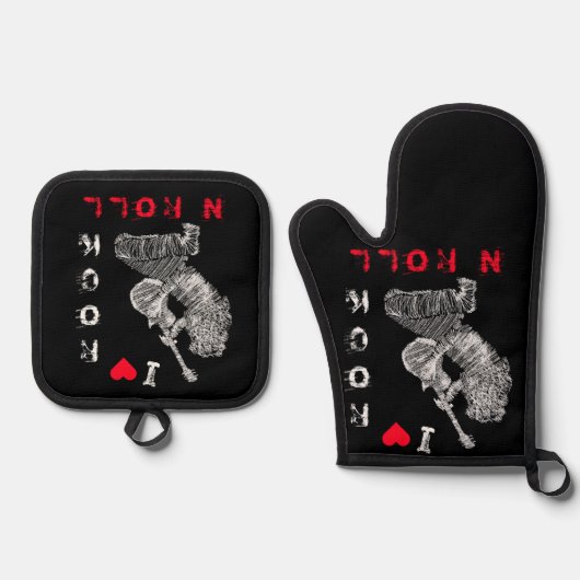 Rock gitaar speler Oven Mitt & Pot Holder Set (Voorkant)