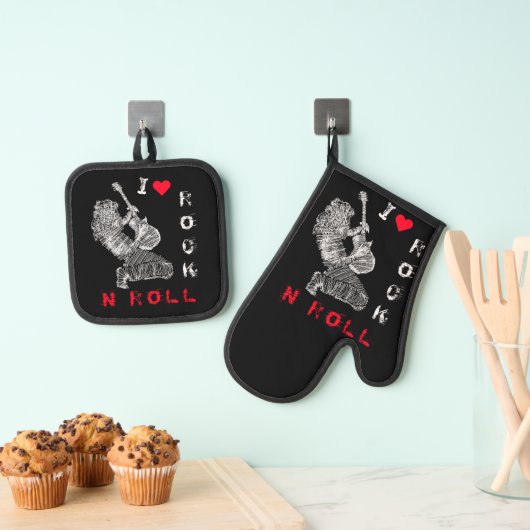 Rock gitaar speler Oven Mitt & Pot Holder Set (Insitu(Ophanging))