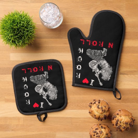 Rock gitaar speler Oven Mitt & Pot Holder Set (Top down)