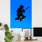 Rock Gitarist Poster - Zwart Silhouet op Blauw (Thuiskantoor)