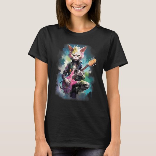 Rock Guitar Devon Rex Cat Guitarist T-shirt (Voorkant)