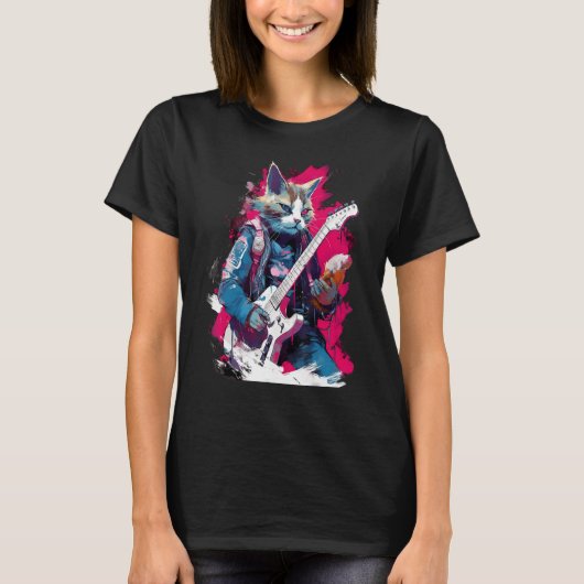 Rock Guitar Snowshoe Cat Guitarist T-shirt (Voorkant)