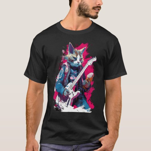 Rock Guitar Snowshoe Cat Guitarist T-shirt (Voorkant)