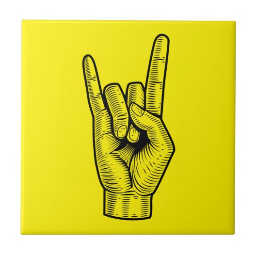 Rock Hand Sign - Retro Hand-Drawn Illustratie op Tegeltje (Voorkant)
