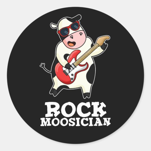 Rock Mosician Funny Koe Musicus Pun Dark BG Ronde Sticker (Voorkant)