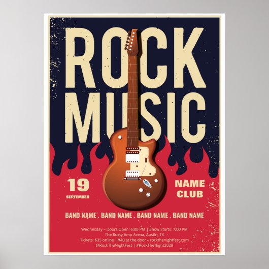 Rock Music Festival Poster – Guitar & Flames Desig (Voorkant)