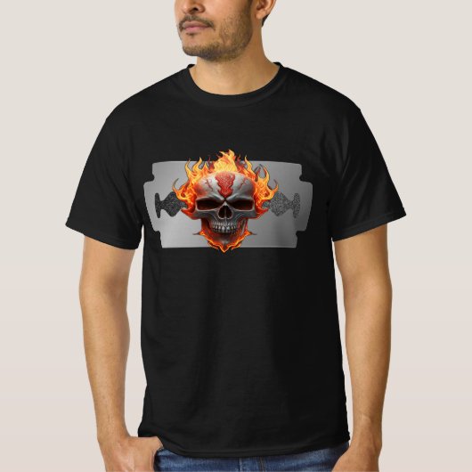 Rock Music Razor Flaming Skull Muzikanten Gitarist T-shirt (Voorkant)