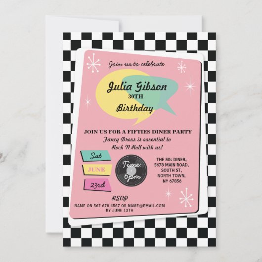 Rock N Roll 1950s Birthday Pink Retro Invite Kaart (Voorkant)