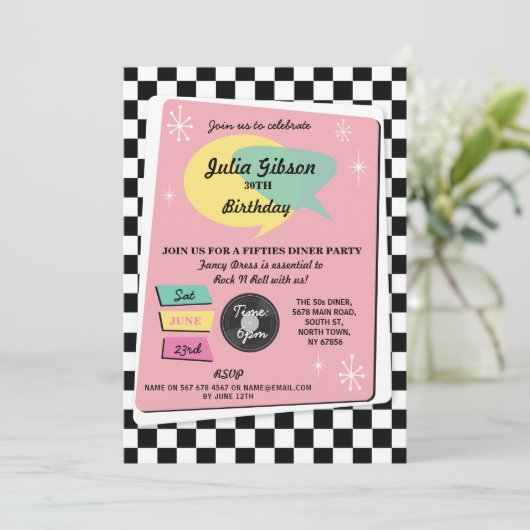 Rock N Roll 1950s Birthday Pink Retro Invite Kaart (Staand voorkant)