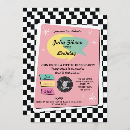 Rock N Roll 1950s Birthday Pink Retro Invite Kaart (Voorkant / Achterkant)