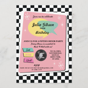 Rock N Roll 1950s Birthday Pink Retro Invite Kaart