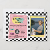 Rock N Roll 1950s Birthday Pink Retro Photo Invite Kaart (Voorkant)