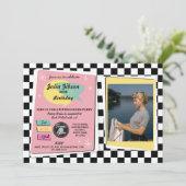 Rock N Roll 1950s Birthday Pink Retro Photo Invite Kaart (Staand voorkant)