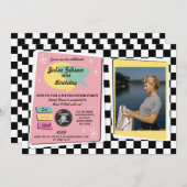 Rock N Roll 1950s Birthday Pink Retro Photo Invite Kaart (Voorkant / Achterkant)