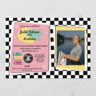 Rock N Roll 1950s Birthday Pink Retro Photo Invite Kaart
