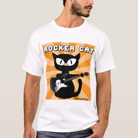 ROCK n ROLL Black Cartoon Cat Rocker T-shirt (Voorkant)