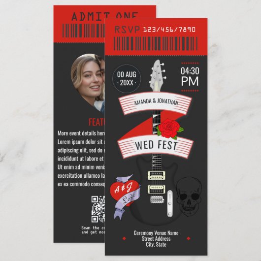 Rock n' Roll bruiloft ticket aangepaste uitnodigin Kaart (Voorkant / Achterkant)