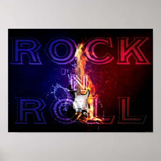 Rock n Roll Fire Flaming Electric Guitar Music Poster (Voorkant)