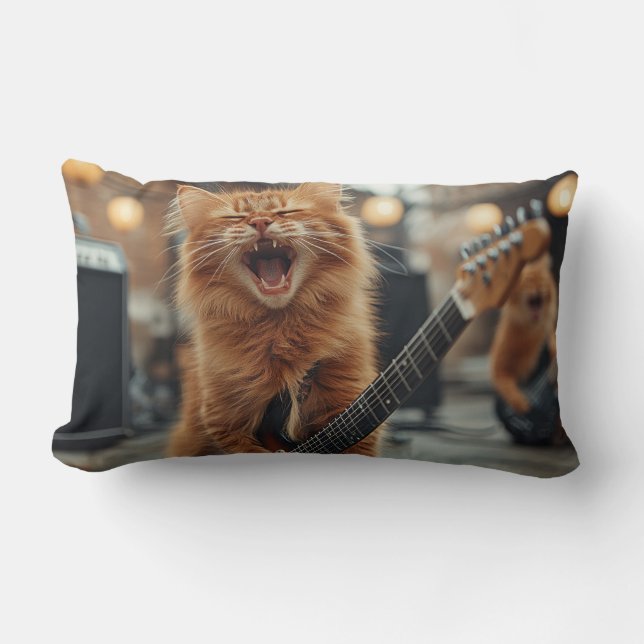 Rock N Roll Gember Gitaar Kat Rockster Kussen (Voorkant)