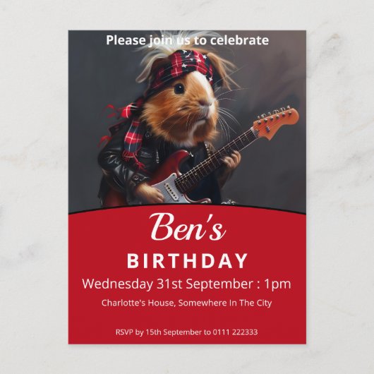Rock n Roll Guinee Pig Verjaardagsfeest Uitnodiging Briefkaart (Voorkant)
