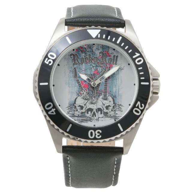 Rock n Roll Guitar Skulls Gothic Music Horloge (Voorkant)