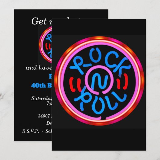 Rock n Roll Music Neon Sign Party Invitation Kaart (Voorkant / Achterkant)