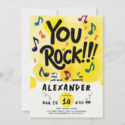 Rock N Roll Muziek Geel Waterverf Verjaardagsfeest Kaart (Voorkant)