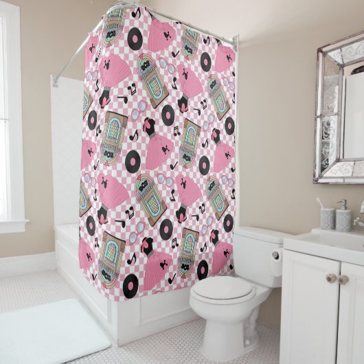 Rock n Roll Pattern Pink Shower Curtain Douchegordijn (In situ)