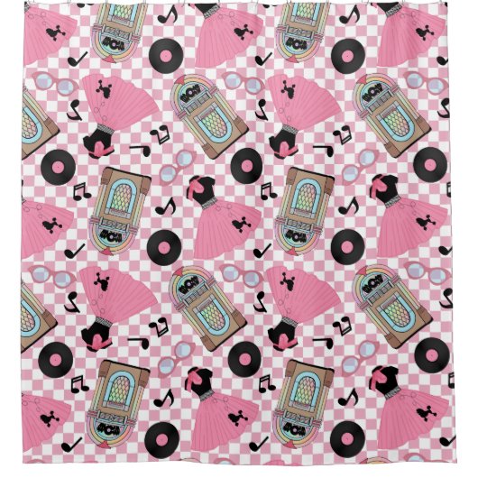 Rock n Roll Pattern Pink Shower Curtain Douchegordijn (Voorkant)