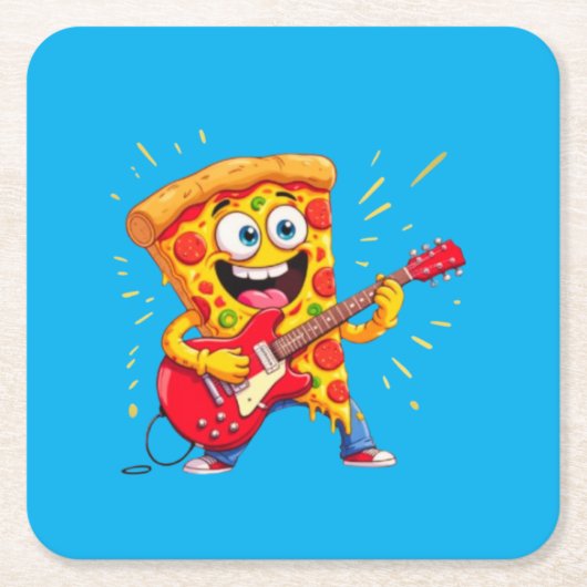 **Rock ’n’ Roll Pizza – Funny Guitar-Playing Slice Kartonnen Onderzetters (Voorkant)