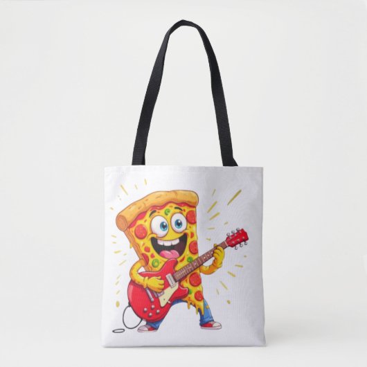 **Rock ’n’ Roll Pizza – Funny Guitar-Playing Slice Tote Bag (Voorkant)