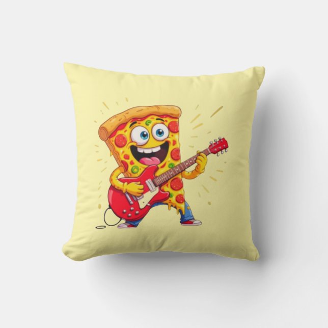 **Rock ’n’ Roll Pizza – Grappige Gitaarspelende Pi Kussen (Voorkant)