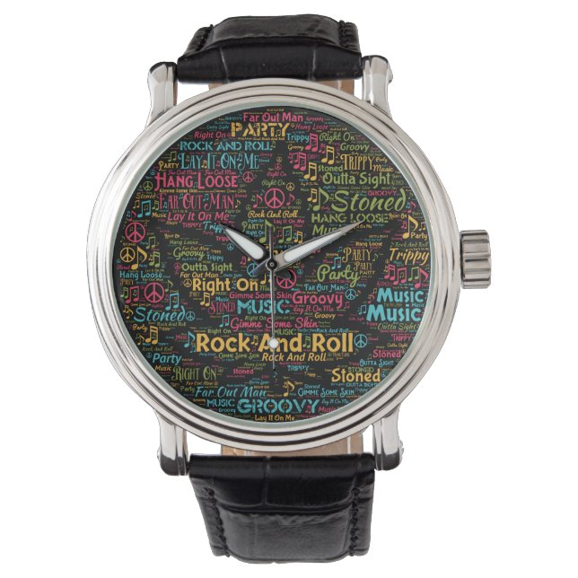 Rock n Roll Pot Leaf Word Art Horloge (Voorkant)