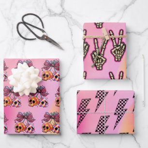 Rock n Roll Roze Schedels Skelet Hand Halloween  Inpakpapier Vel