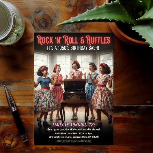 Rock 'n' Roll Ruffles 1950s Birthday Party Kaart