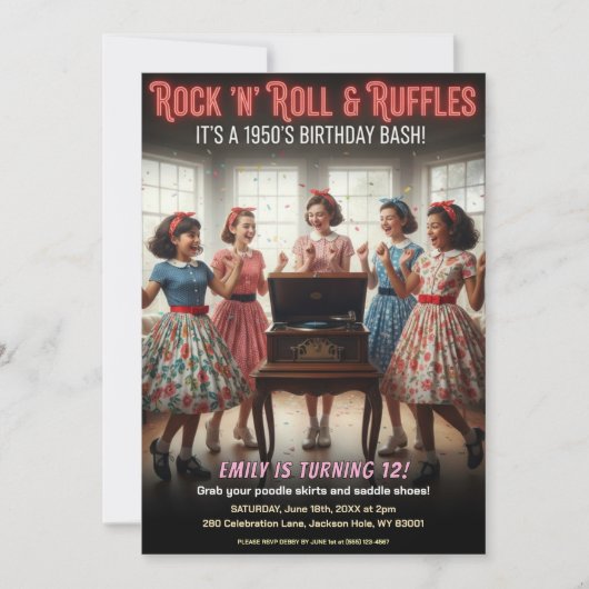 Rock 'n' Roll Ruffles 1950s Birthday Party Kaart (Voorkant)
