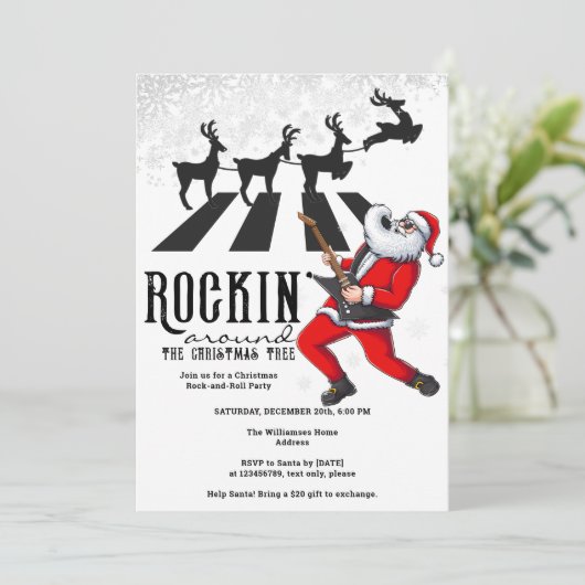 Rock N Roll Santa Reindeer Rockin' Christmas Party Kaart (Staand voorkant)