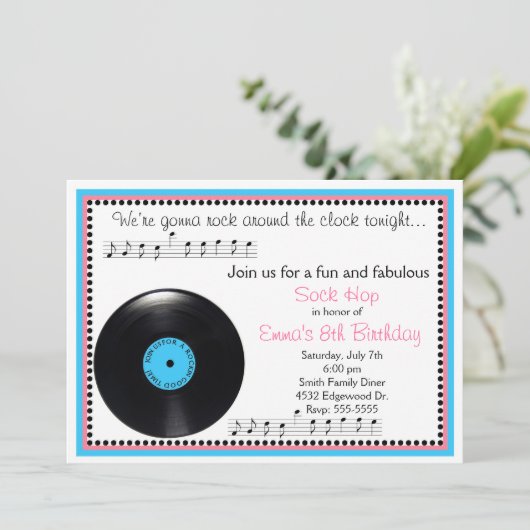 Rock N Roll Sock Hop 1950's Birthday Invitation Kaart (Staand voorkant)