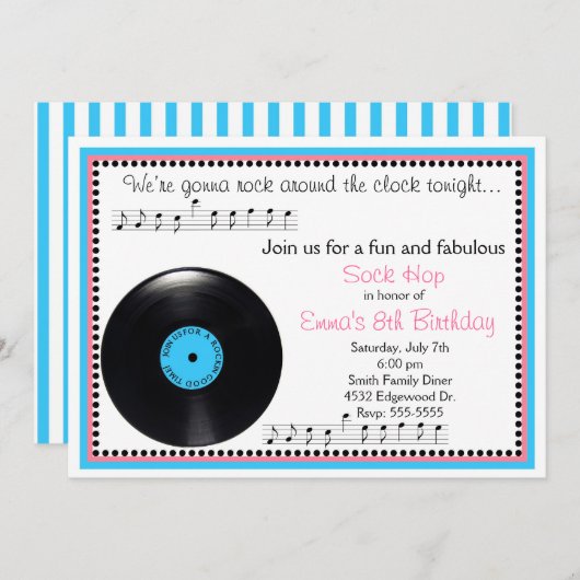 Rock N Roll Sock Hop 1950's Birthday Invitation Kaart (Voorkant / Achterkant)