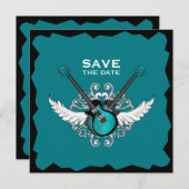 Rock 'n' Roll Trouwdag Save the Date Zwart Teal Kaart (Voorkant / Achterkant)