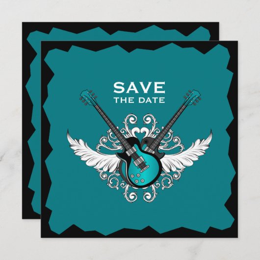 Rock 'n' Roll Trouwdag Save the Date Zwart Teal Kaart (Voorkant / Achterkant)