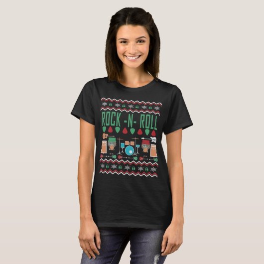 Rock n Roll Ugly KerstSweater T-shirt (Voorkant volledig)