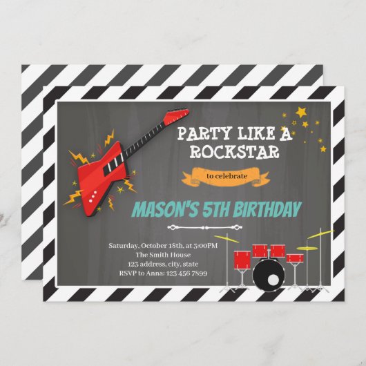 Rock-'n-roll verjaardagsfeest thema kaart (Voorkant / Achterkant)
