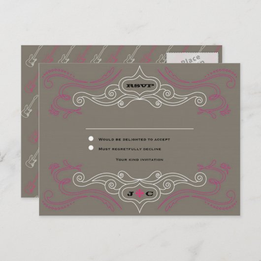 Rock 'n' Roll Wedding Poster (Pewter / Zwart) RSVP Uitnodiging Briefkaart (Voorkant / Achterkant)