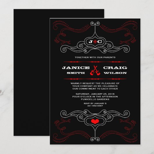 Rock n Roll Wedding Poster (Zwart/Rood) Kaart (Voorkant / Achterkant)