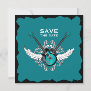 Rock 'n' Roll Wedding Save the Date Black Blauwgro Kaart