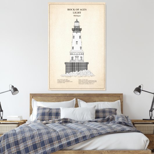 Rock of Ages vuurtoren - Michigan - SBD Canvas Afdruk (Insitu (Slaapkamer))