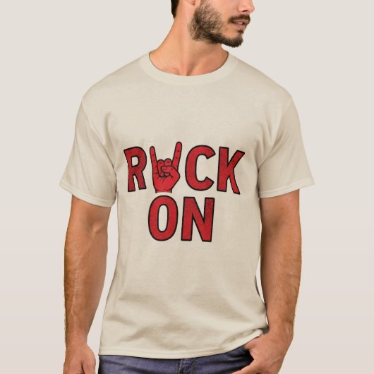 Rock On - Bold Red Typography Muziekontwerp T-shirt (Voorkant)