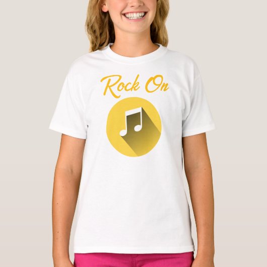 Rock On geel en wit Muziek Mashup T-shirt (Voorkant)